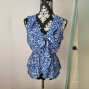 Max Studio blue print floral Ruffle blouse size xs